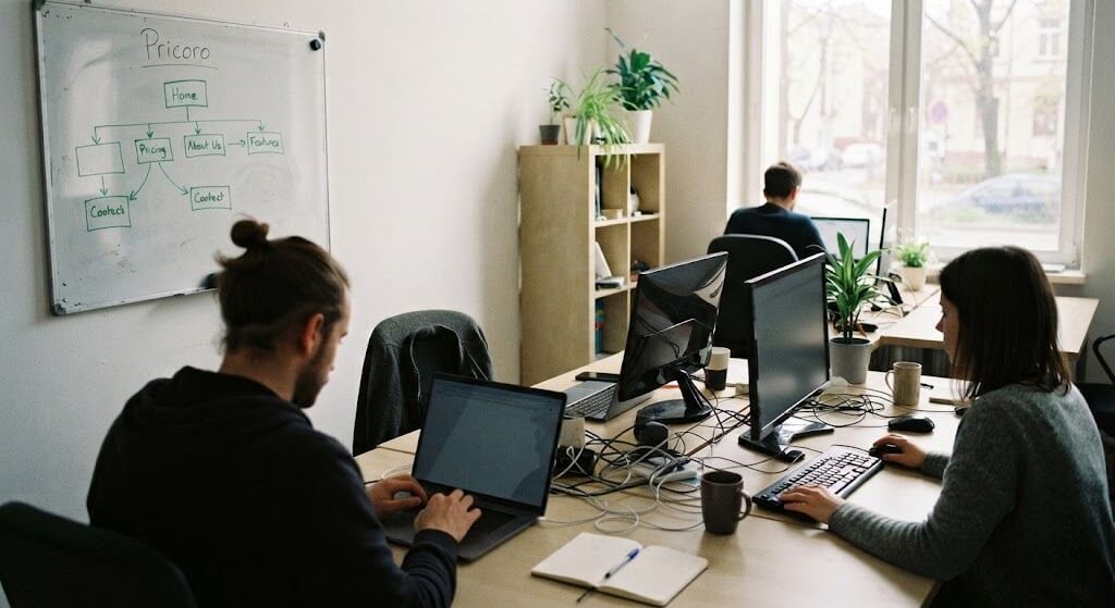 Small office with three people at desks