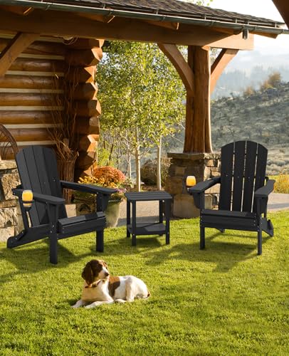 Front view of dual SERWALL black Adirondack chairs