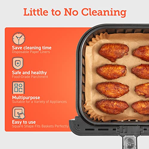 Top view of wood colored square air fryer liners