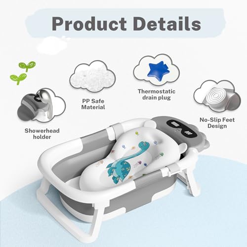Grey AVIDOR baby tub with built-in thermometer