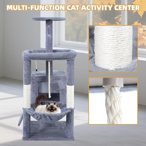 Side profile of grey cat activity tower