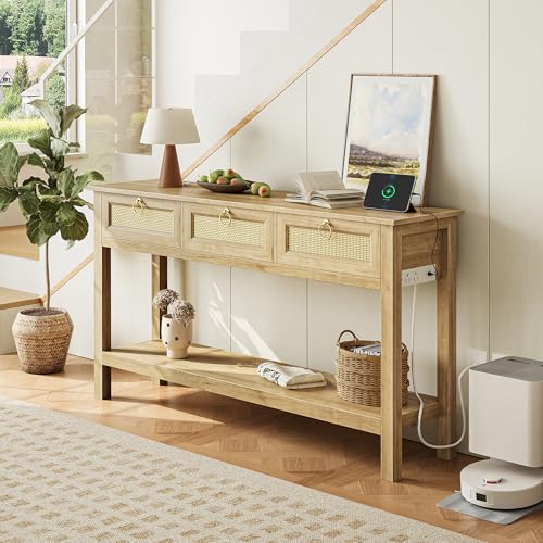 Front angle of SUPERJARE rattan console in a living room