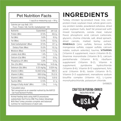 Nutritional information for Purina ONE indoor cat food