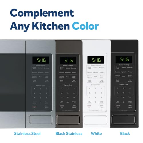 Angled view of GE stainless steel microwave exterior