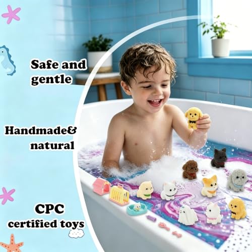 Puppy toys and pretend playset hidden inside bath bombs