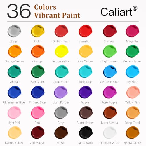 Bottles of Caliart acrylic paint and brush set