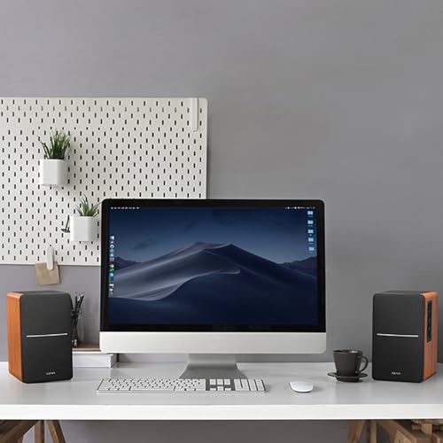Wood grain finish texture on Edifier R1280DB speakers