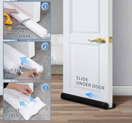 Black door draft blocker on wooden flooring