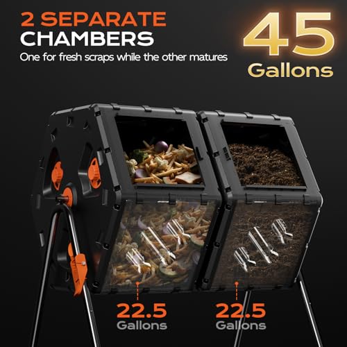Dual chamber compost tumbler side view
