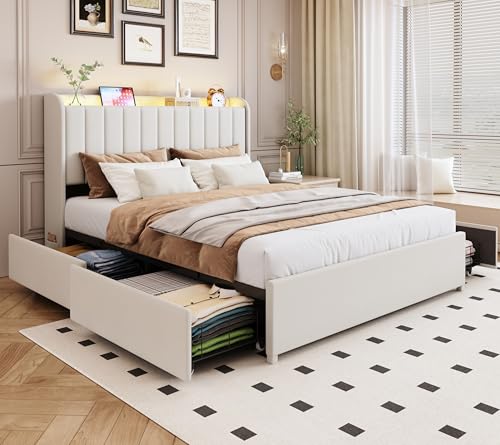 TIGUBFRE beige upholstered queen bed frame with storage