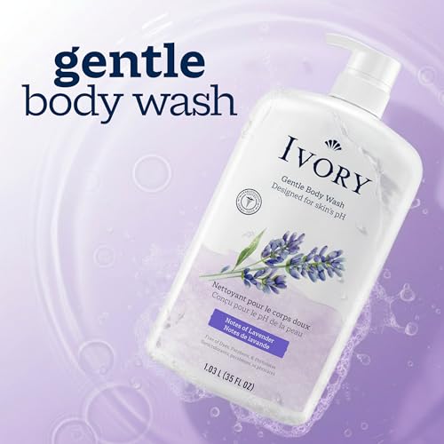 Close up of Ivory Body Wash lavender scent packaging