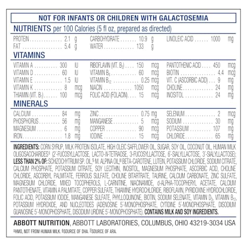 Similac Sensitive formula powder nutritional label