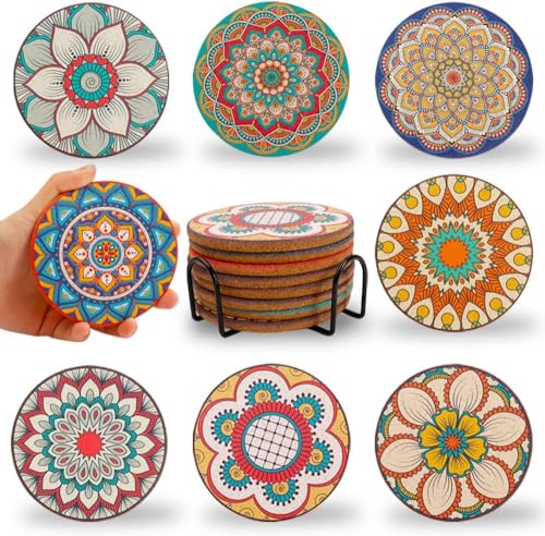 Puluole Cork Coasters Set of 8 with metal holder