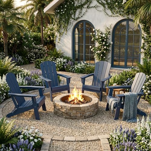 Navy HDPE Adirondack chairs arranged outdoors