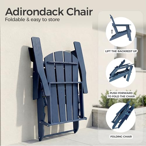 Set of four Navy Adirondack chairs in a yard