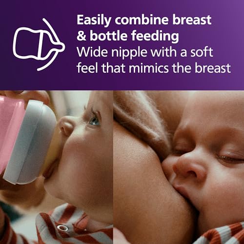 Side profile of pink Philips Avent baby bottle