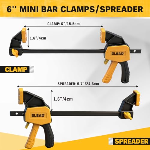 Two yellow and black woodworking clamps