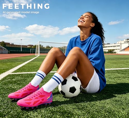 Size 8.5 Fuchsia soccer cleats angled view
