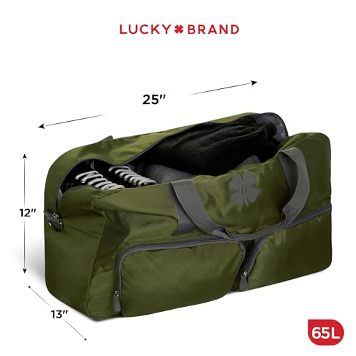 Front view of Lucky Brand 65L duffle with rubber clover logo