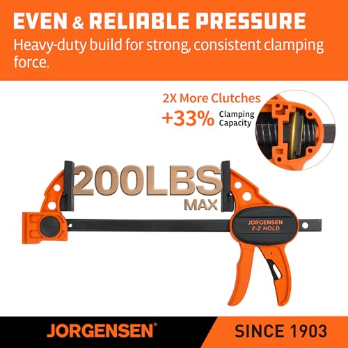 Four Jorgensen woodworking clamps in a row