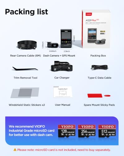 VIOFO A229 Plus dash cam packaging and components