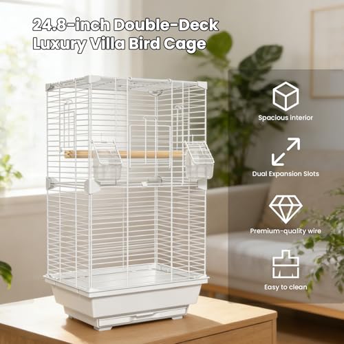 Bird cage showing slide-out cleaning tray mechanism