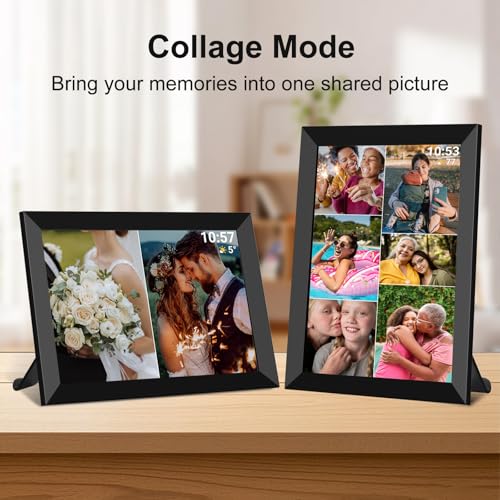 Akimart smart frame displaying weather and clock overlay