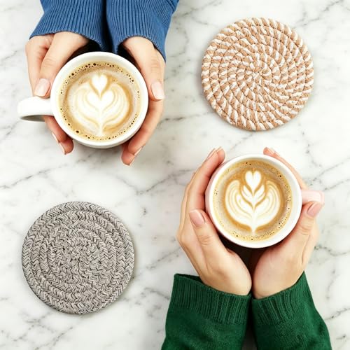 Set of 8 coasters neatly stacked in metal holder