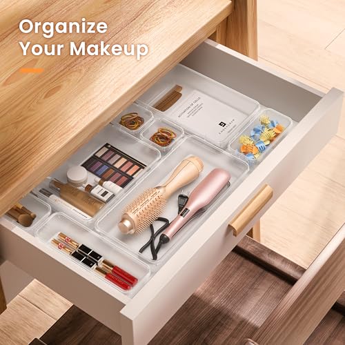 Clear bathroom drawer organizer for toiletries