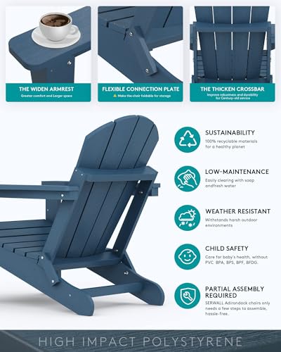 Front view of four blue Adirondack chairs