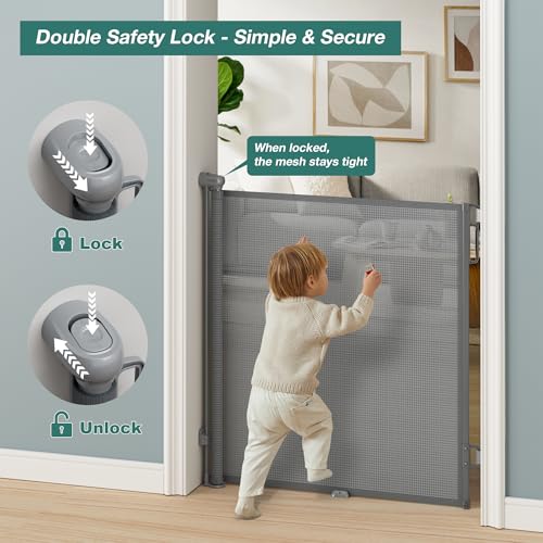 Retractable baby gate installed in hallway