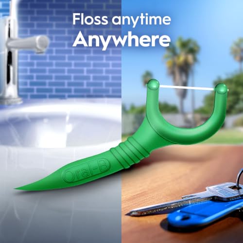 Green handle detail on Oral-B floss pick