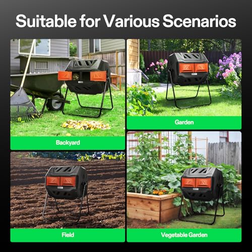 VIVOSUN tumbling composter in a garden setting