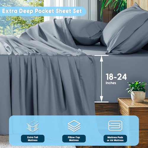 French Blue cotton Queen sheet set spread out