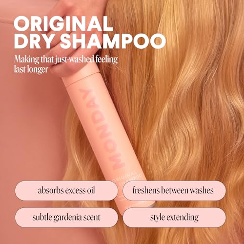 Two pink cans of MONDAY HAIRCARE Original Dry Shampoo