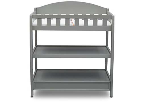 Grey storage shelves on Delta Children nursery table