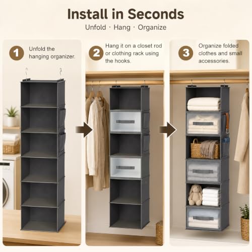BIEBOS hanging organizer showing shirt and sweater storage