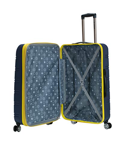 Rockland Melbourne Hardside Expandable Spinner Wheel Luggage Checked Large 28 Inch Navy angled view