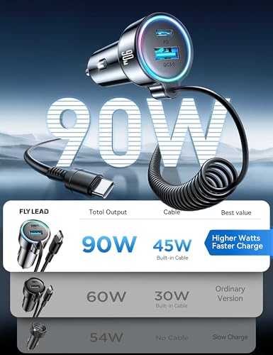 FLYLEAD 90W car charger with retractable cable extended