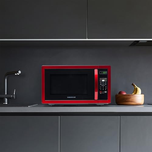 Farberware Metallic Red microwave set on kitchen counter