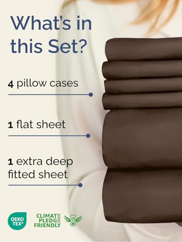 Folded brown microfiber sheets for extra deep mattresses