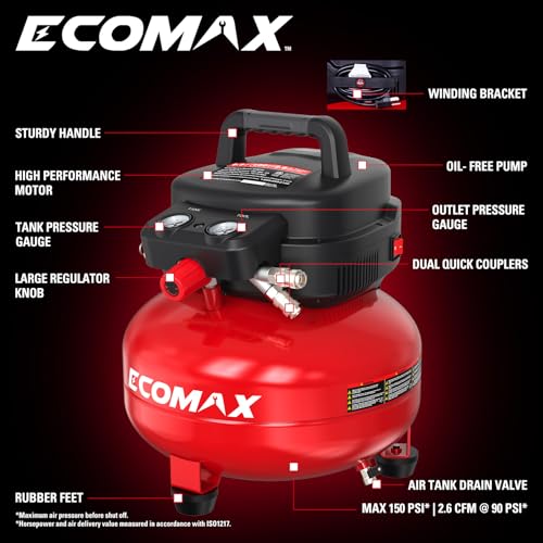 Red ECOMAX air compressor with 10-piece accessory kit