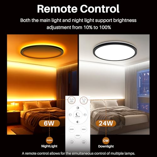 Close-up of black 12-inch LED ceiling lamp