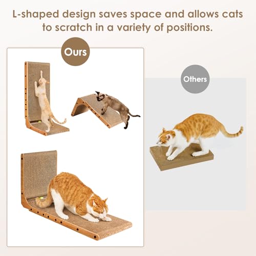 Cat using L-shaped scratcher against sofa