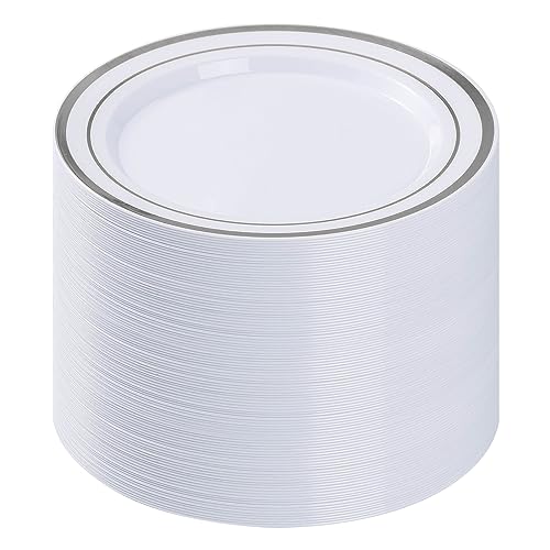 BESTVIP 100Pcs Silver Plastic Plates stack