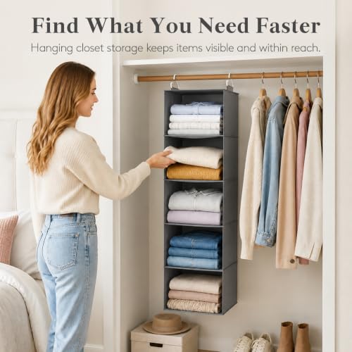 Grey hanging closet organizer in a wardrobe