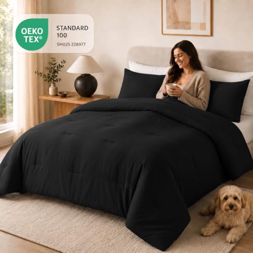 Top down view of black bedding set