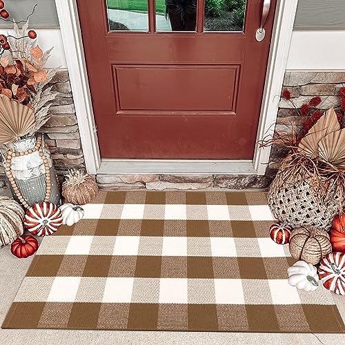 CAINANEL Buffalo Plaid Outdoor Rug coffee and white
