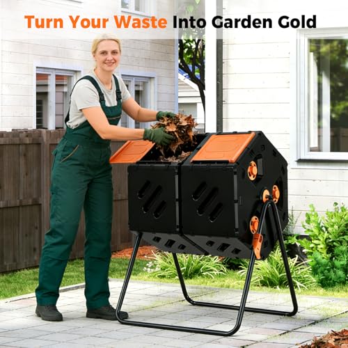 Full assembly view of orange compost tumbler