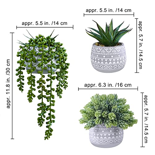 Three faux potted succulents in concrete containers